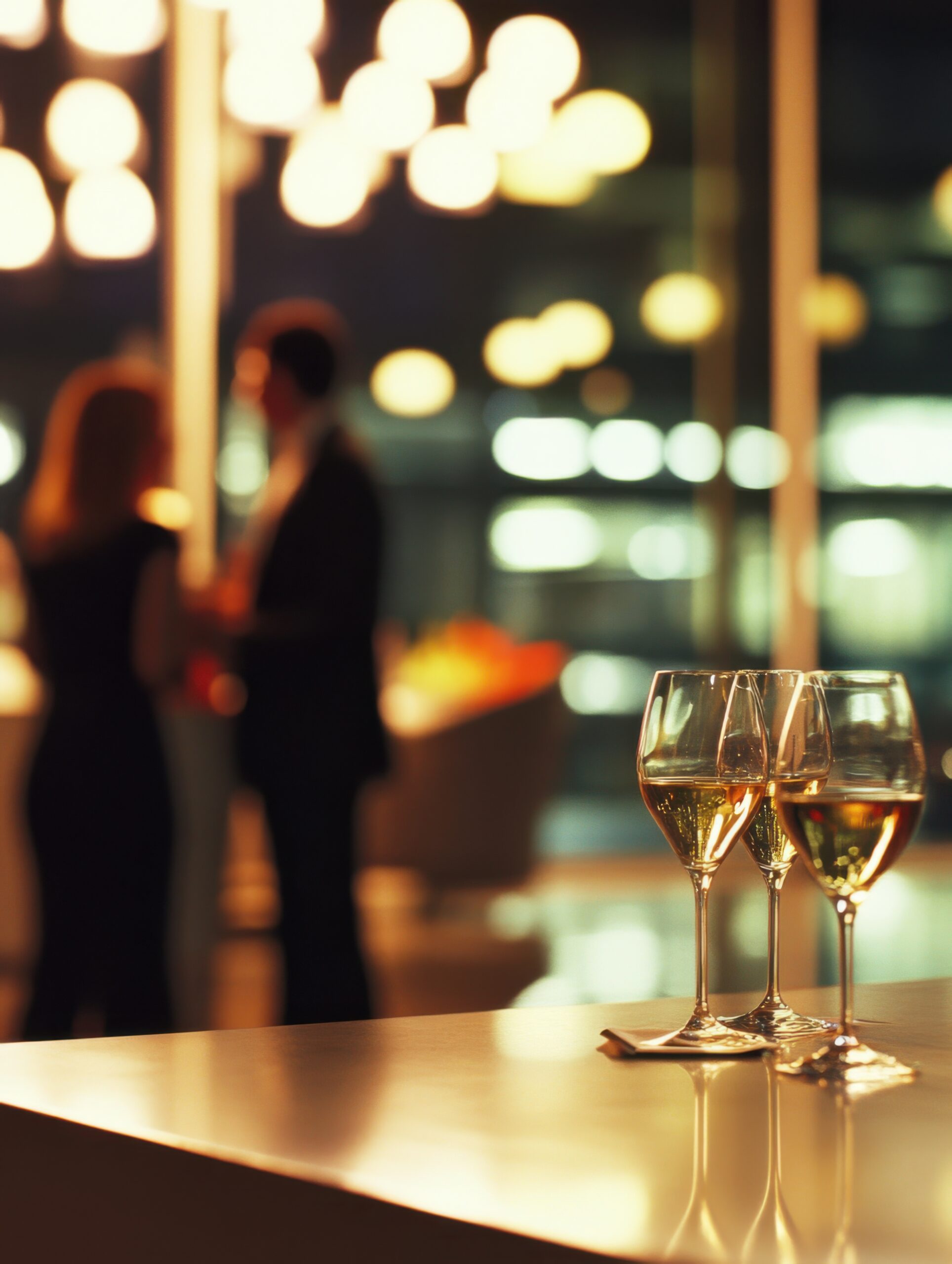 Three champagne flutes on bar at stylish event with couple talking in background bokeh lights night time celebration