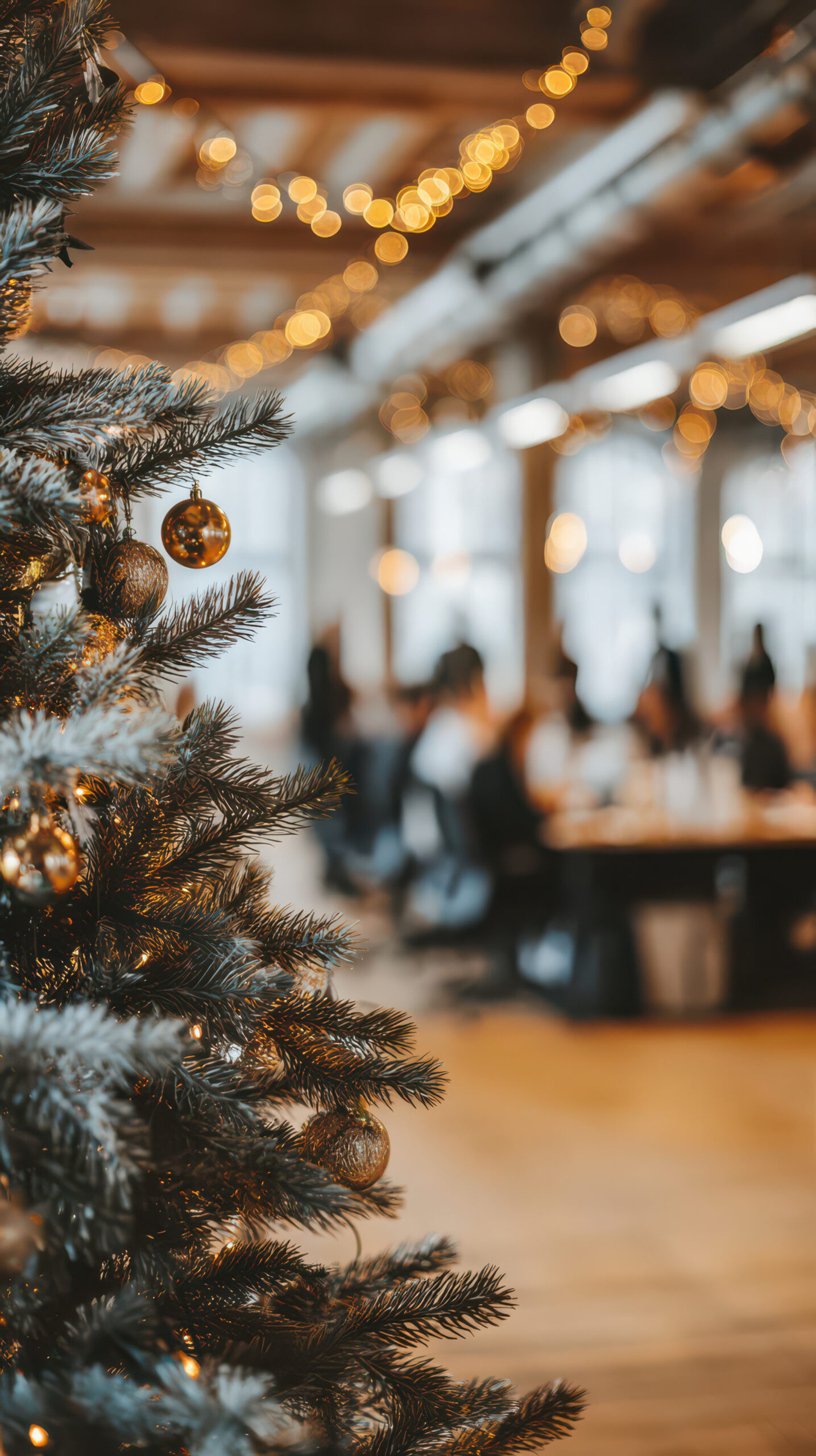 Christmas Tree in Festive Office: A decorated Christmas tree adds a touch of holiday cheer to a modern, open-plan office space, creating a warm and inviting atmosphere.