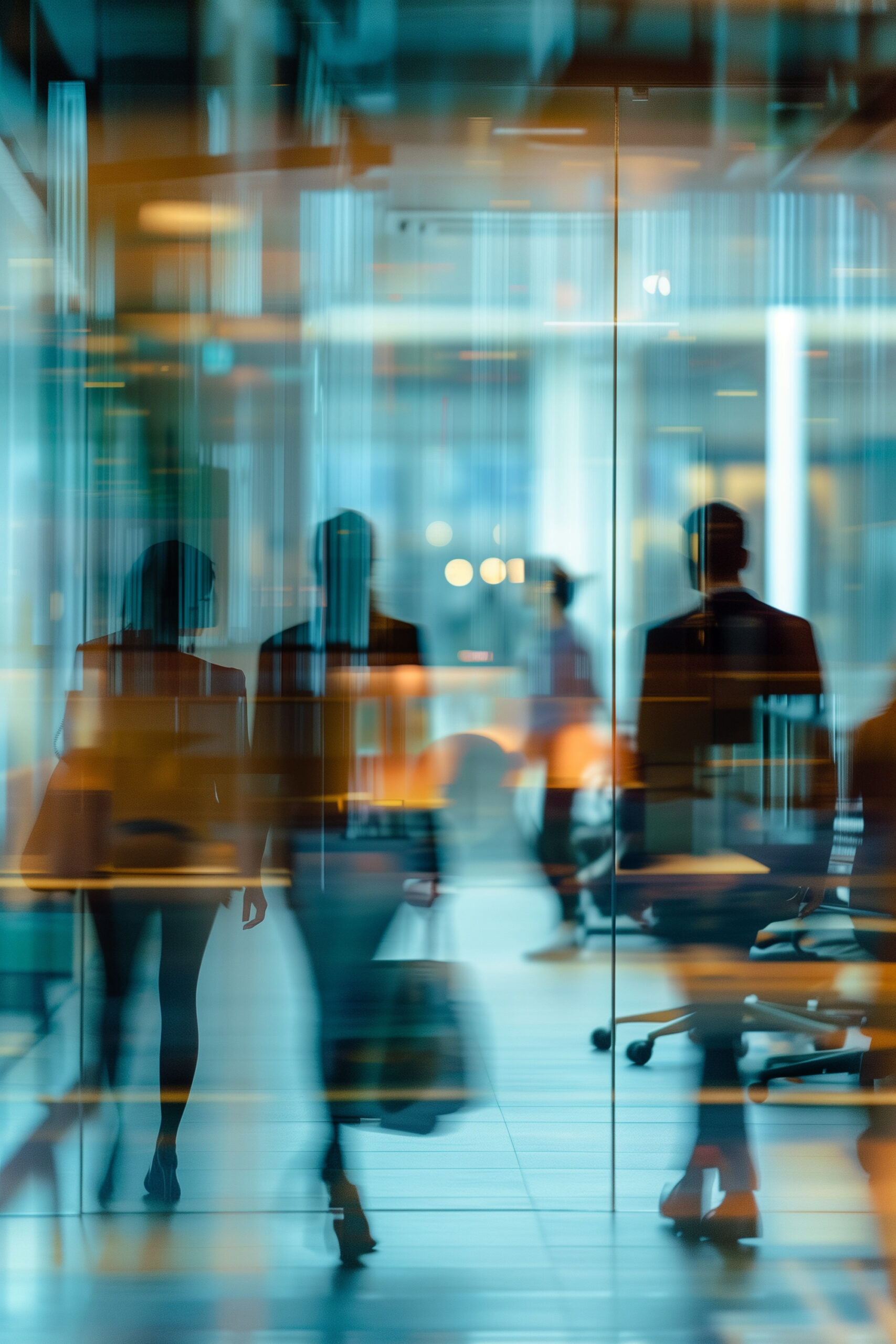 Corporate office, workplace. People moving in the blurry motion behind the glass. High quality photo